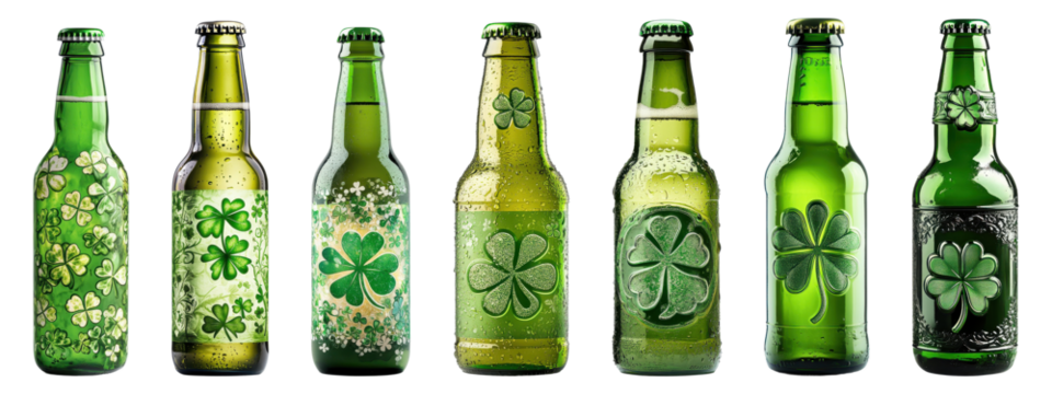 St Patrick's Day, Green beer bottles with clover leaf, isolated on transparent background 
