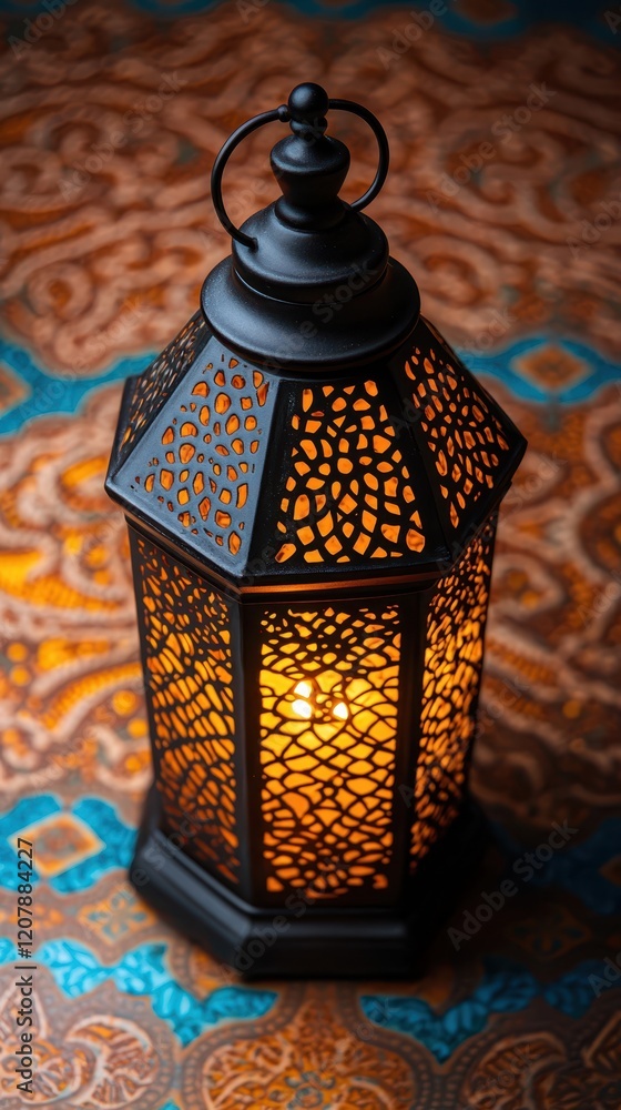 Poster ramadan fasting devotion concept. a decorative lantern with intricate patterns, casting a warm glow 