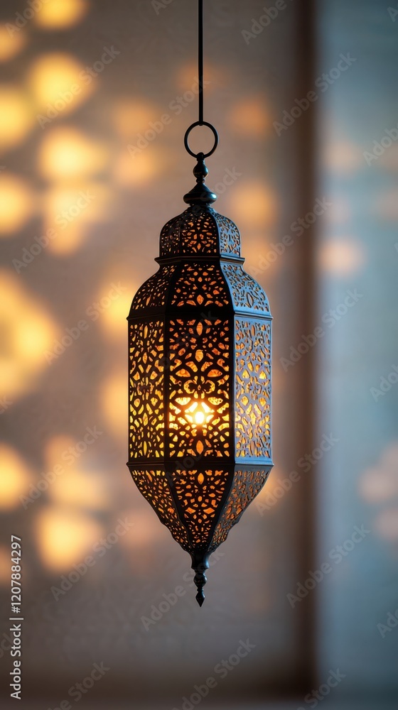Poster ramadan fasting devotion concept. a beautifully designed lantern casting intricate patterns of light