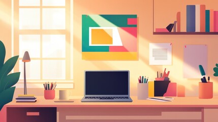 Sunlit home office desk, laptop, workspace, morning light, bookshelves, productivity