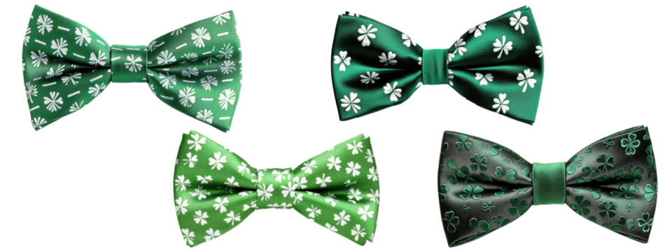 Set of green bow ties with clover patterns, isolated on transparent background - Powered by Adobe