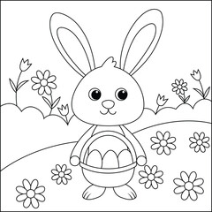 Rabbit holding egg basket line art coloring page for kids