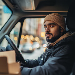 Serious delivery driver in his van on a busy city road with boxes ready