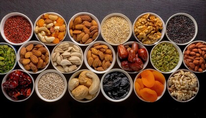 Fototapeta premium Colorful variety of seeds, nuts, and dried fruits in bowls arranged on a dark surface.