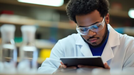 A researcher analyzing a chemical reaction in a test tube while taking notes on a tablet.