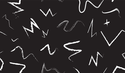 Abstract black-and-white zigzag pattern with wavy and jagged brushstroke lines on a dark background.