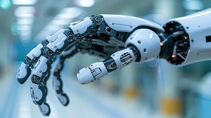 A close-up of a robotic hand showcasing advanced technology and precision engineering.