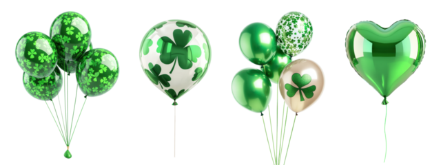 St Patrick's Day green balloons with clover patterns, isolated on transparent background
