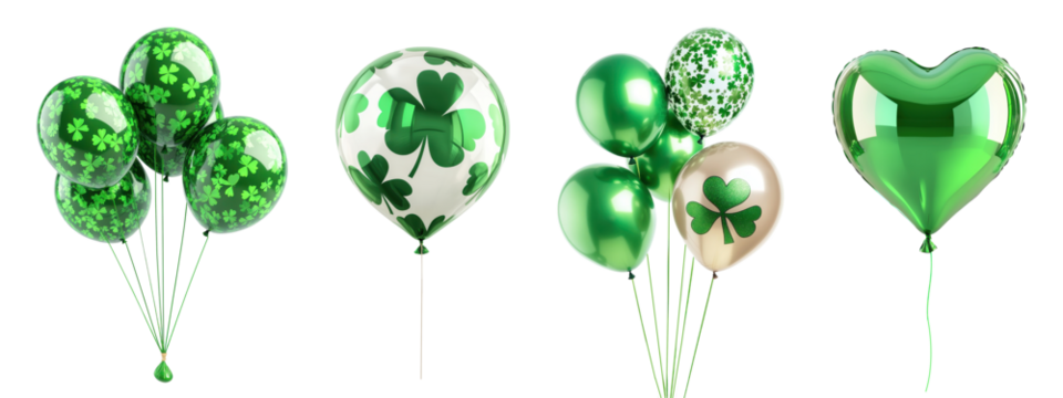 St Patrick's Day green balloons with clover patterns, isolated on transparent background

