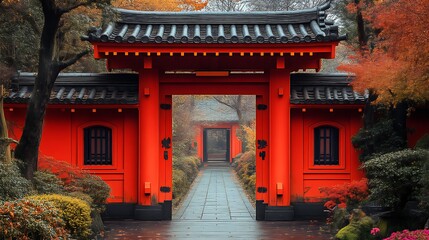 Fototapeta premium Vibrant Red Gate Leads To Autumnal Japanese Garden Path