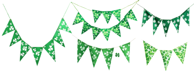 Green St. Patrick’s Day bunting with clover patterns, isolated on transparent background