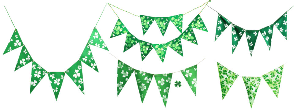 Green St. Patrick’s Day bunting with clover patterns, isolated on transparent background