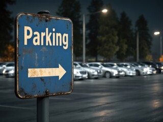 Nighttime parking lot scene with directional sign and parked cars