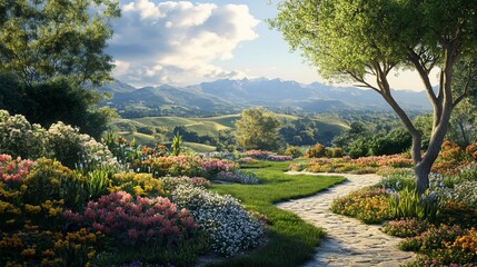 Serene Mountain Garden Landscape: A picturesque digital artwork depicting a vibrant flower garden with a winding stone pathway, overlooking majestic mountains under a partly cloudy sky.