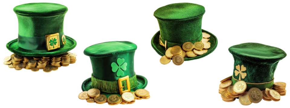 St. Patrick’s Day, Green leprechaun hats with gold coins, isolated on transparent background