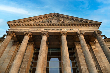 Dem Deutschen Volke sign on Reichstag building in Berlin, Germany