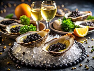 Luxurious Black Caviar Oysters Champagne Night Photography