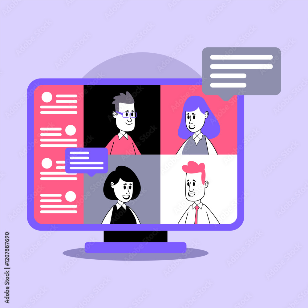 Poster group of four participants connected through virtual meeting on computer screen. interactions and di