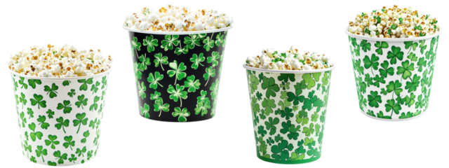 Set of popcorn buckets with green shamrock patterns, isolated on transparent background