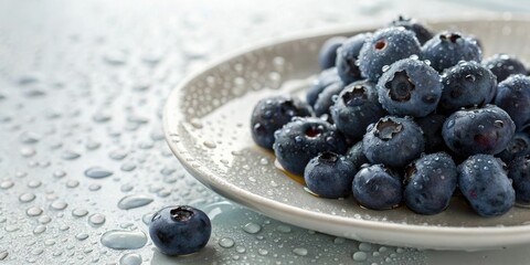 Blueberries on a plate or surface with a small amount of water forming around them, water droplets, background, still life, blueberries, plate