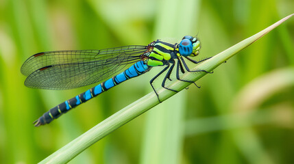 vibrant dragonfly perched on green reed in wetland habitat