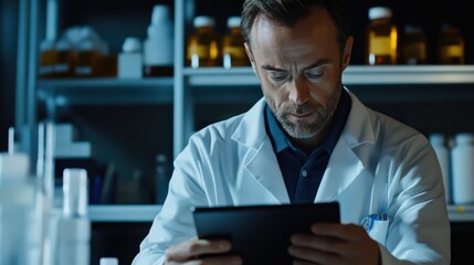 Fototapeta premium A serious healthcare worker wearing a lab coat, analyzing a patient medical history on a tablet.