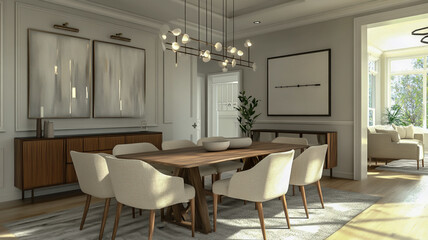 dining room with table, living room interior in white style