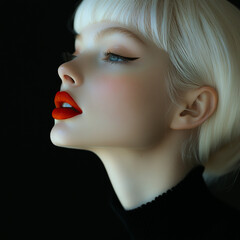 portrait of a blond woman with red lips on black background