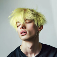 portrait of a boy with light green hairstyle, big lips and closed eyes