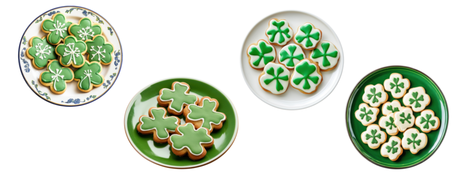 Set of shamrock shaped cookies on decorative plates, isolated on transparent background