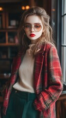 Obraz premium Stylish young Caucasian woman in plaid blazer and oversized glasses.