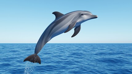 Fototapeta premium A dolphin leaps gracefully above the ocean surface against a clear blue sky, showcasing its agility and beauty in the water.