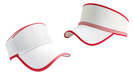 Set of white visor hats with red trim, isolated on transparent background