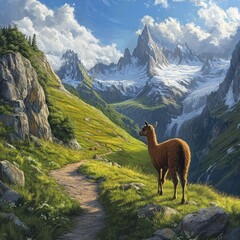 Fototapeta premium Llama trekking alpine mountain path, scenic view