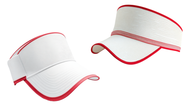 Set of white visor hats with red trim, isolated on transparent background