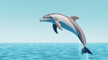 A dolphin leaps gracefully above the shimmering ocean surface under a clear blue sky, showcasing its agility and playful nature.