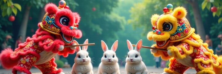 Colorful lion dancers holding drumsticks high above a group of rabbits, dance, colors, drums