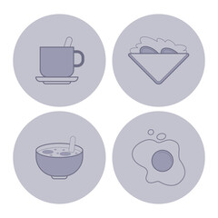 Collection of simple icons depicting various meals. Cup of beverage, bowl of soup, sandwich, and egg. Ideal for meal planning and design