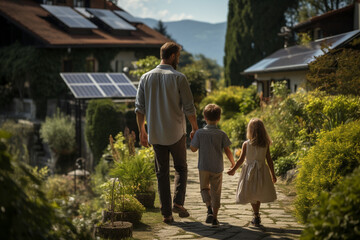 Family walking near their house with photovoltiacs panels on the roof. ,.Generative AI