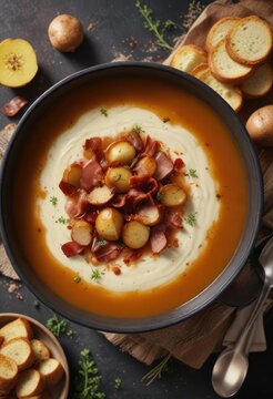 Bouneschlupp Soup with Crispy Bacon and Potatoes, Austrian cuisine, hearty soup