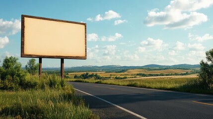 Empty Billboard on Quiet Roadside Surrounded by Green Grass and Trees Evoking a Sense of Isolation and Opportunity