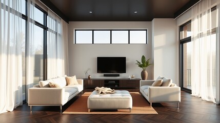 Modern Minimalist Living Room Interior with Natural Light and Contemporary Decor