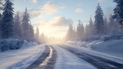 Obraz premium Serene winter landscape featuring a winding snowy road and tall evergreen trees.
