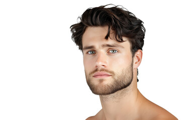  Handsome young man with dark hair and beard, skin care products model, isolated on transparent background
