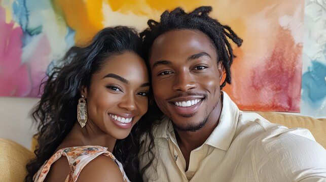 A stylish couple smiling for a selfie on a cozy couch, with a vibrant backdrop of watercolor art.