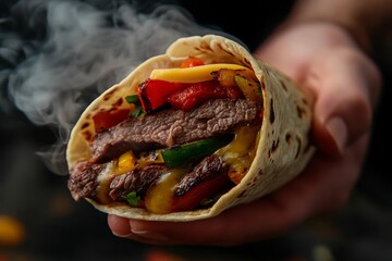 Steaming hot steak fajita wrap with melted cheese and grilled peppers in hand.