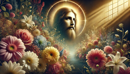 Portrait of Jesus with an Aura of Light and Flowers