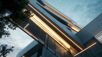 Wide-angle view of a contemporary building at dusk, featuring LED light strips and a dynamic interplay of materials and textures