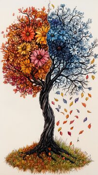 split tree with colorful flowers clip art preview