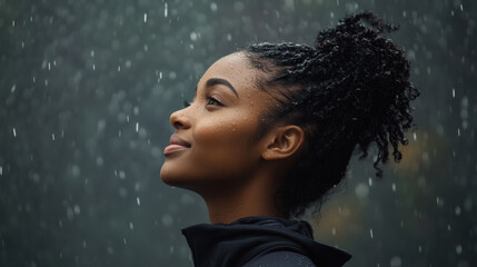 Fototapeta premium Afro woman smiling on a rainy day watching the raindrops fall